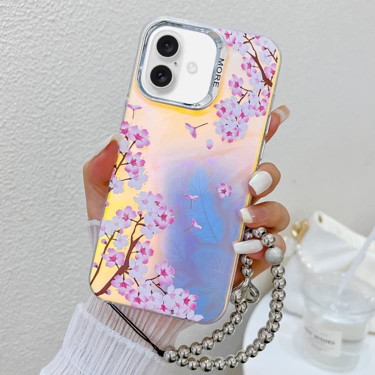 For iPhone 16 Electroplating Laser Flower Phone Case with Wrist Strap(Peach Blossom AH4) - Immagine 1