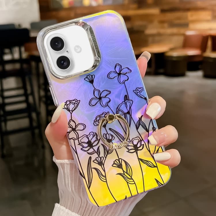For iPhone 16 Electroplating Laser Flower Ring Holder TPU Phone Case(Drawn Flowers AH3) - Immagine 1
