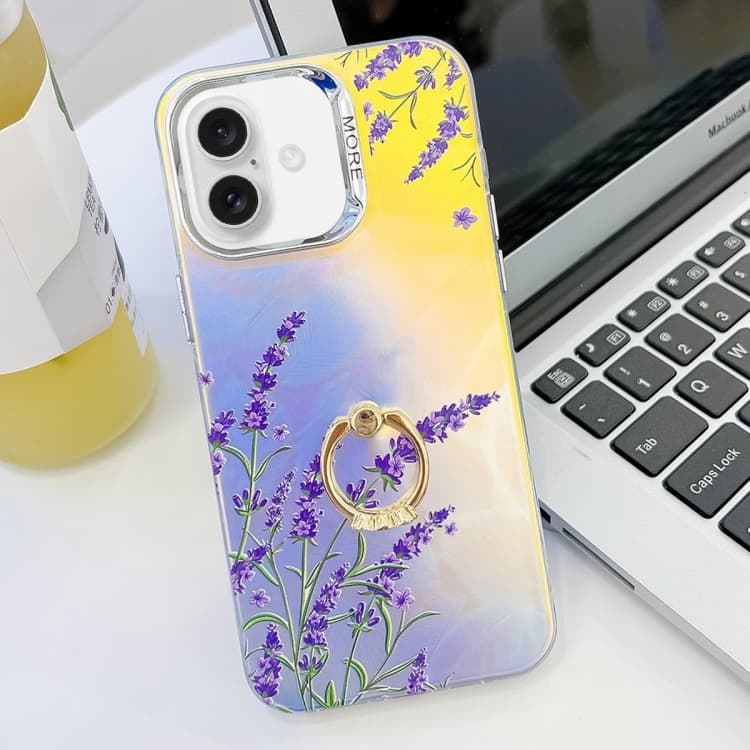 For iPhone 16 Electroplating Laser Flower Ring Holder TPU Phone Case(Lavender AH14) - Immagine 1