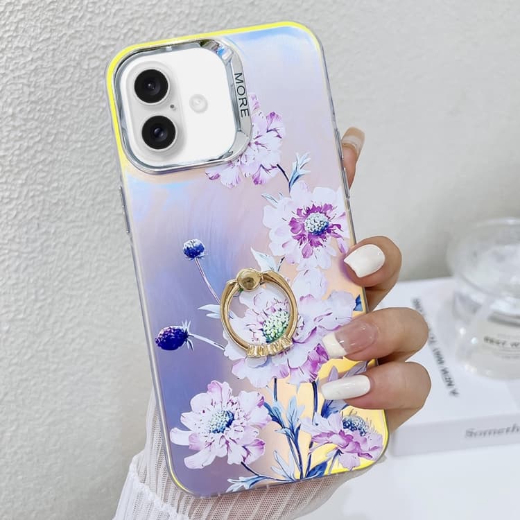 For iPhone 16 Electroplating Laser Flower Ring Holder TPU Phone Case(Zinnia AH9) - Immagine 1