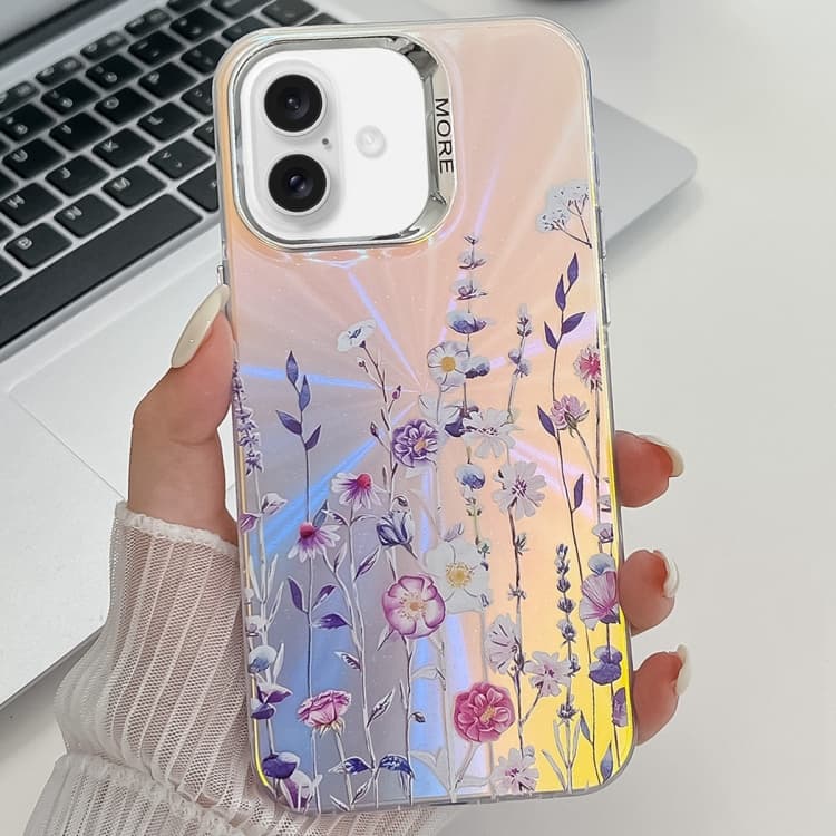 For iPhone 16 Electroplating Laser Flower Texture TPU Phone Case(Flower AH1) - Immagine 1