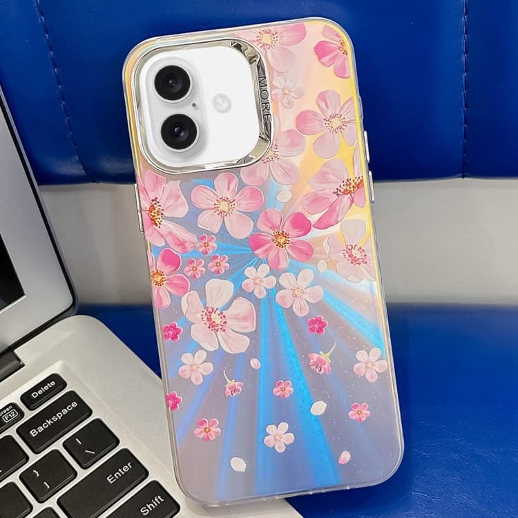 For iPhone 16 Electroplating Laser Flower Texture TPU Phone Case(Pink Flower AH13) - Immagine 1