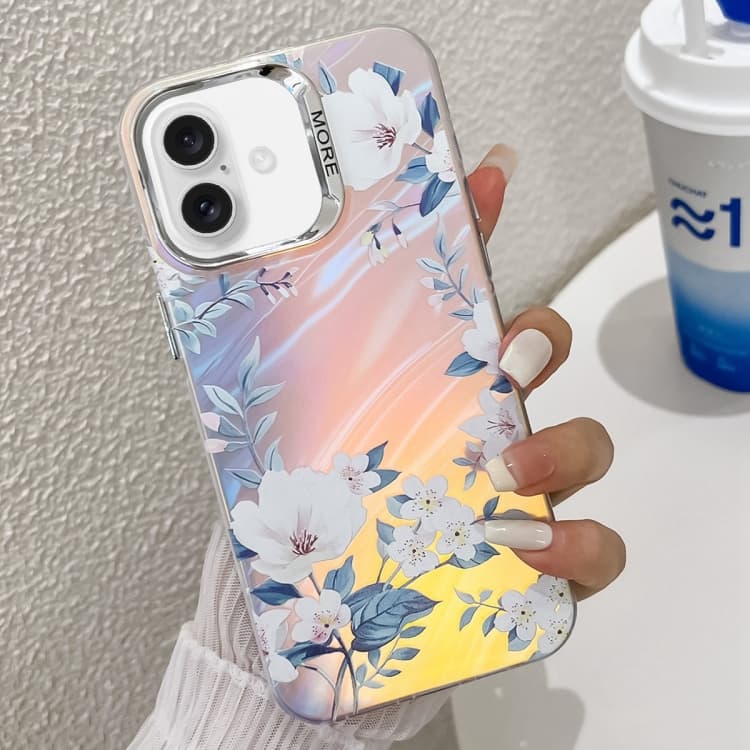 For iPhone 16 Electroplating Laser Flower Texture TPU Phone Case(White Flower AH10) - Immagine 1