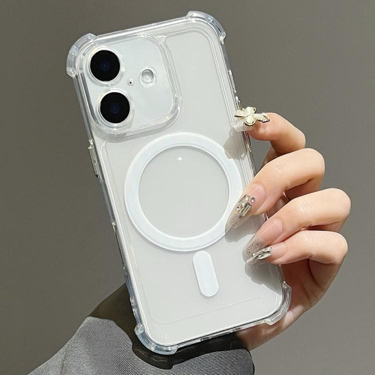 For iPhone 16 Electroplating TPU Hybrid PC Four Corners Shockproof MagSafe Phone Case(White) - Immagine 1