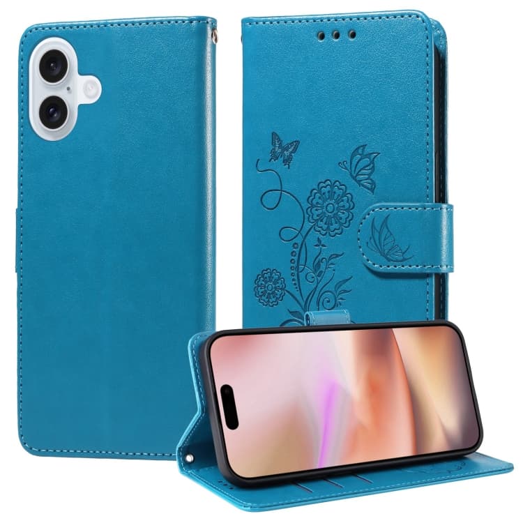 For iPhone 16 Embossed Butterfly Flowers Leather Phone Case(Blue) - Immagine 1