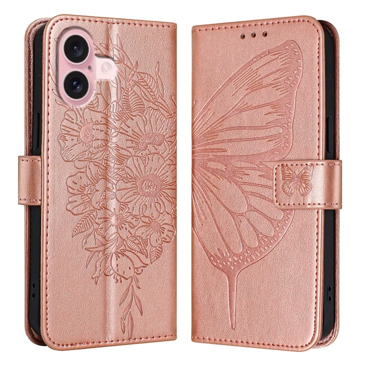For iPhone 16 Embossed Butterfly Leather Phone Case(Rose Gold) - Immagine 1