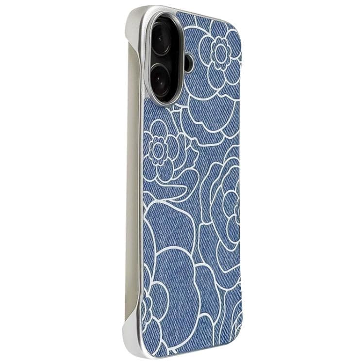 For iPhone 16 Embossed Camellia Flower Linen Fabric Magnetic Half Coverage Phone Case(Light Blue) - Immagine 1