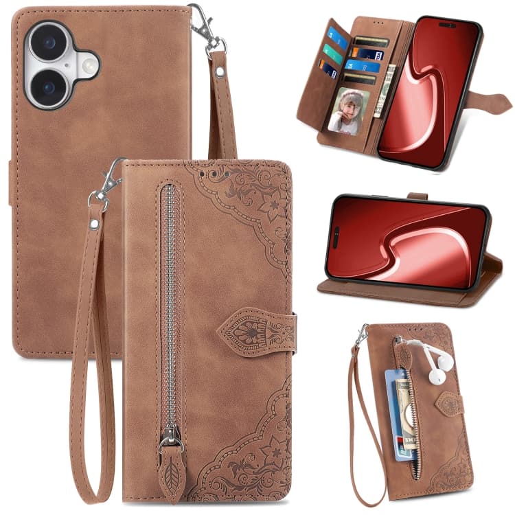 For iPhone 16 Embossed Flower Zipper Leather Phone Case(Brown) - Immagine 1