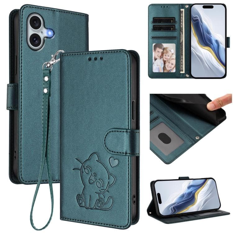 For iPhone 16 Embossed Heart Cat Leather Phone Case with Hand Strap(Dark Green) - Immagine 1