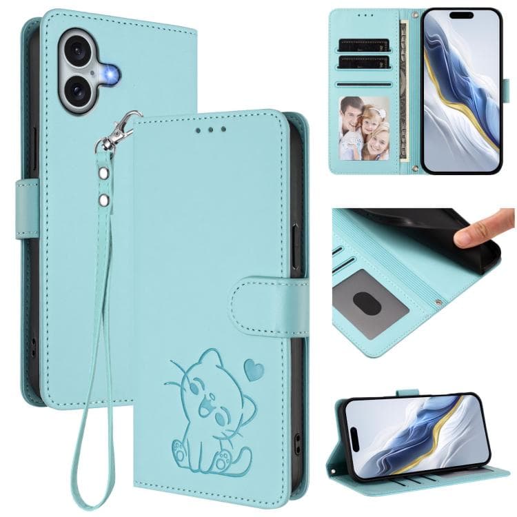 For iPhone 16 Embossed Heart Cat Leather Phone Case with Hand Strap(Mint Green) - Immagine 1