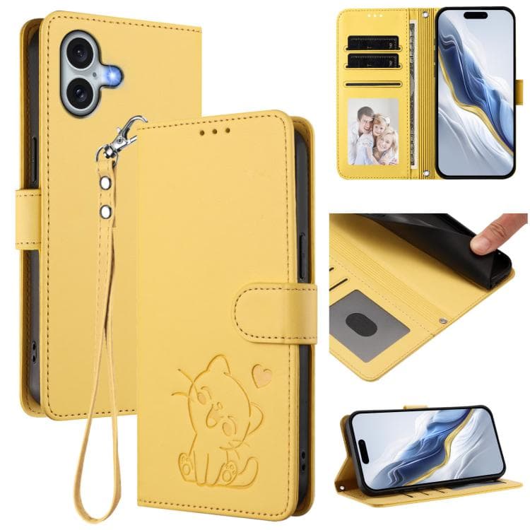 For iPhone 16 Embossed Heart Cat Leather Phone Case with Hand Strap(Yellow) - Immagine 1