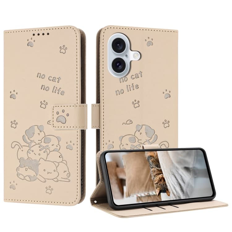 For iPhone 16 Embossed Kitten Phone Leather Case with Lanyard(Beige) - Immagine 1