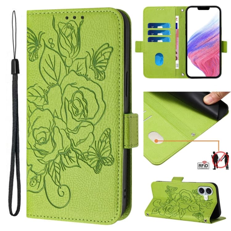 For iPhone 16 Embossed Rose RFID Anti-theft Leather Phone Case(Green) - Immagine 1