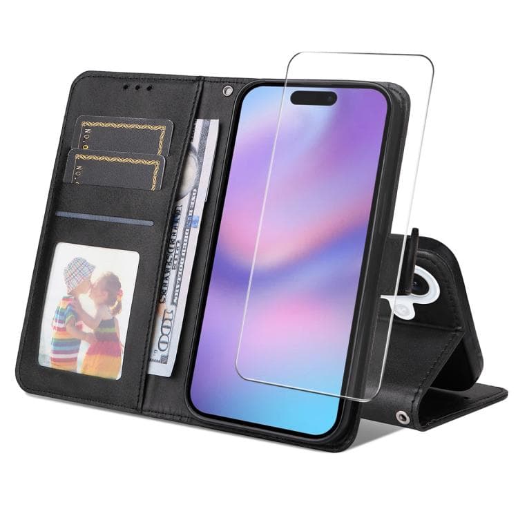 For iPhone 16 ENKAY Card Wallet Calf Texture Leather Phone Case with Thickened Glue No White Edge Film(Black) - Immagine 1