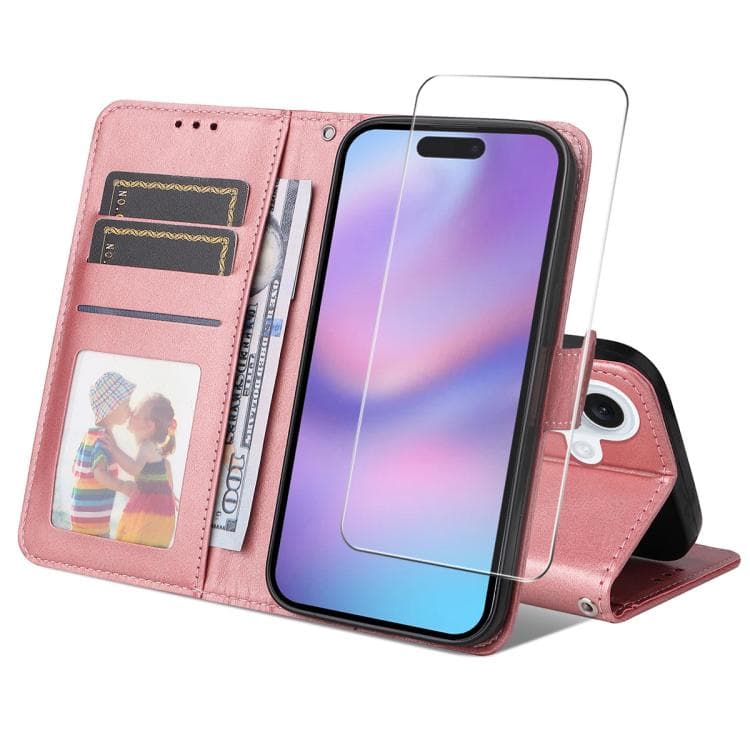 For iPhone 16 ENKAY Card Wallet Calf Texture Leather Phone Case with Thickened Glue No White Edge Film(Pink) - Immagine 1