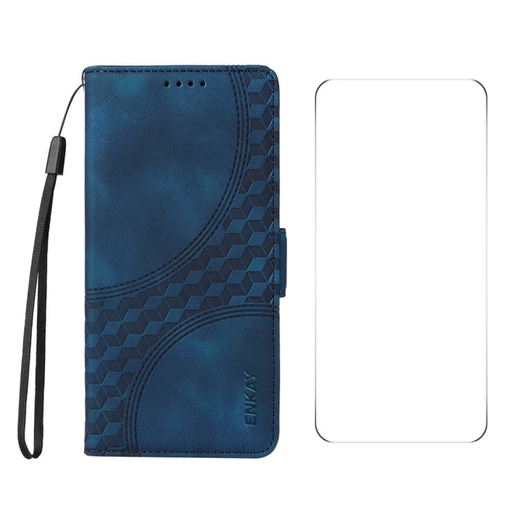 For iPhone 16 ENKAY Embossed Rhombus Starry Leather Phone Case with Screen Film(Blue) - Immagine 1