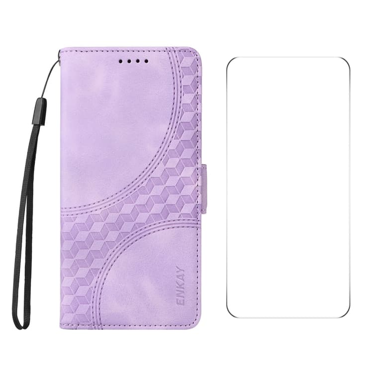 For iPhone 16 ENKAY Embossed Rhombus Starry Leather Phone Case with Screen Film(Purple) - Immagine 1