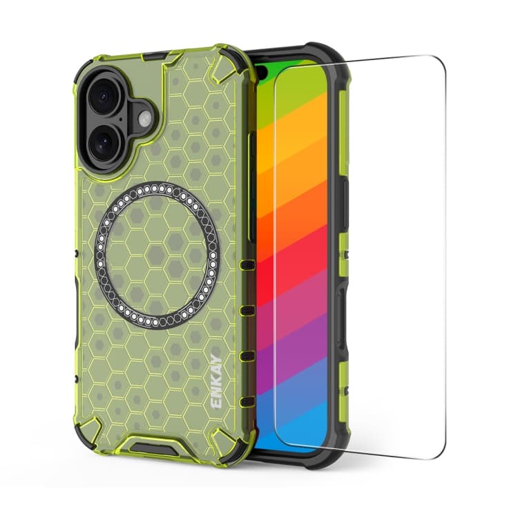 For iPhone 16 ENKAY Hat-Prince Honeycomb MagSafe Shockproof Phone Case with Large Arc Edge Film(Green) - Immagine 1
