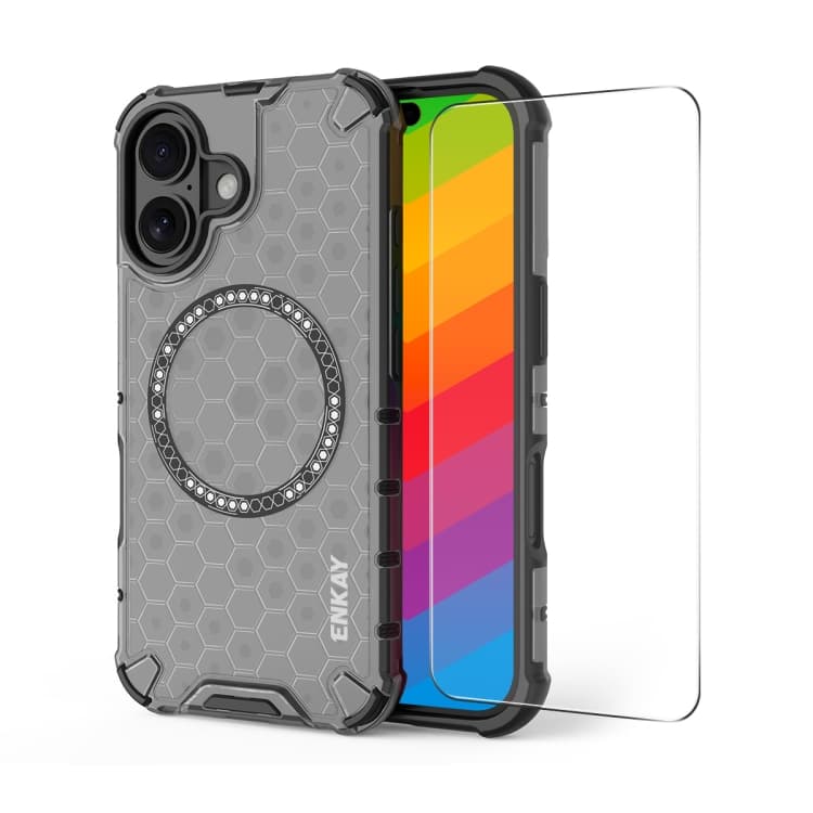 For iPhone 16 ENKAY Hat-Prince Honeycomb MagSafe Shockproof Phone Case with Large Arc Edge Film(Grey) - Immagine 1
