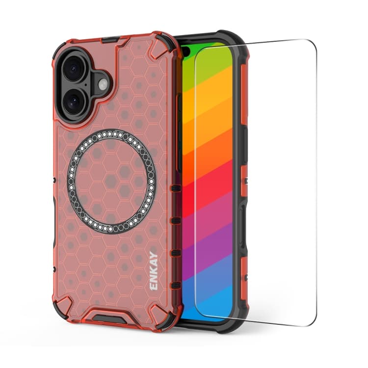 For iPhone 16 ENKAY Hat-Prince Honeycomb MagSafe Shockproof Phone Case with Large Arc Edge Film(Red) - Immagine 1