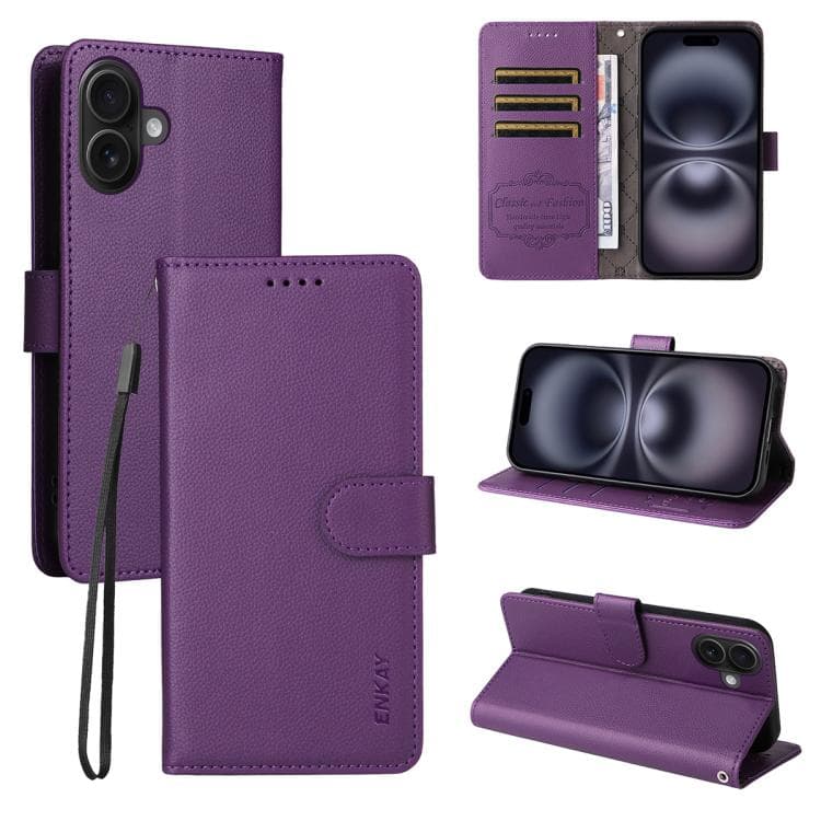 For iPhone 16 ENKAY RFID Blocking Wallet Kickstand Litchi Texture Leather Phone Case(Purple) - Immagine 1