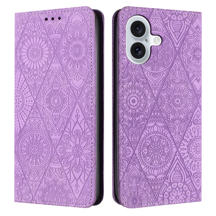 For iPhone 16 Ethnic Embossed Adsorption Leather Phone Case(Purple) - Immagine 1