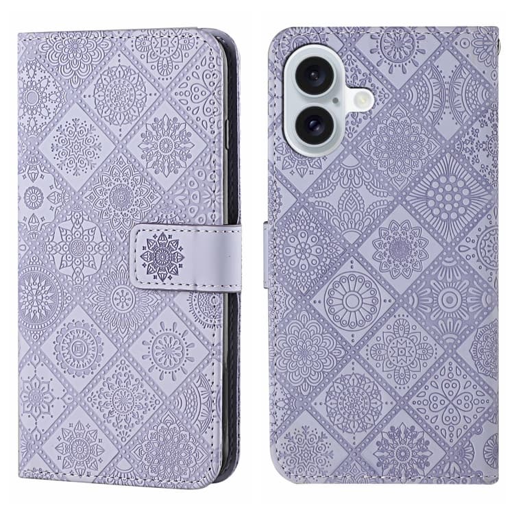 For iPhone 16 Ethnic Style Embossed Pattern Leather Phone Case(Purple) - Immagine 1