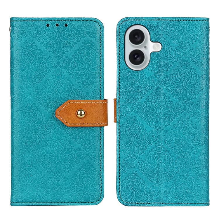 Custodia in pelle con motivo floreale in rilievo per iPhone 16 (Blu) - Immagine 1
