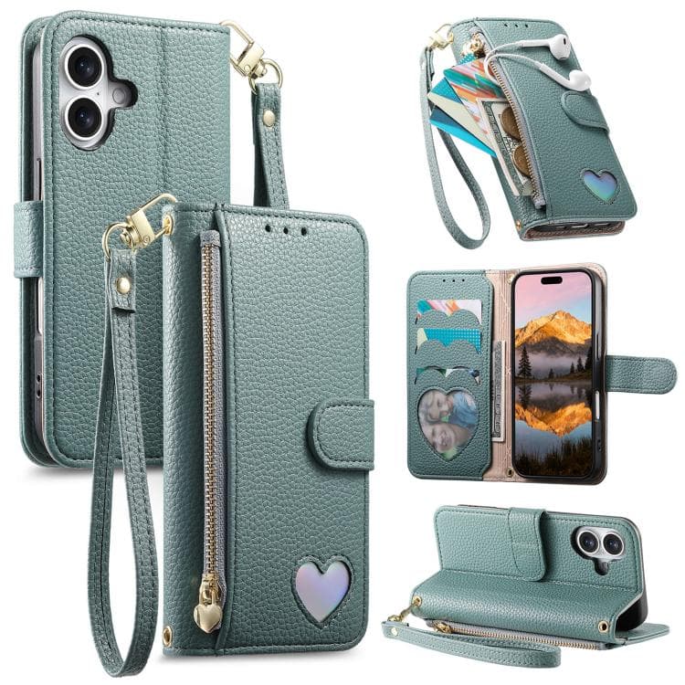 For iPhone 16 Fantasy Love Heart Zipper Wallet Vegan Leather Phone Case with Strap(Green) - Immagine 1