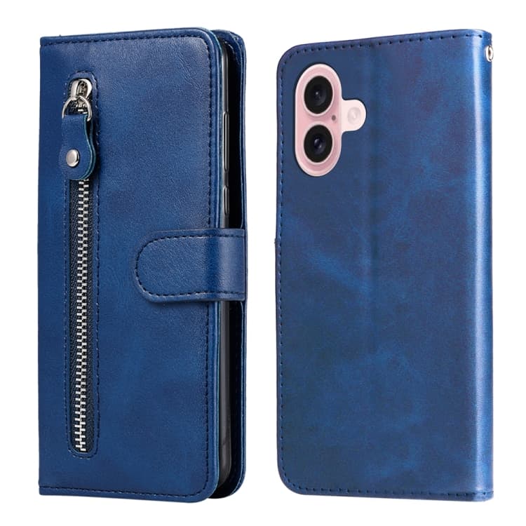Per iPhone 16 Custodia in Pelle con Texture Vitello e Cerniera (Blu) - Immagine 1