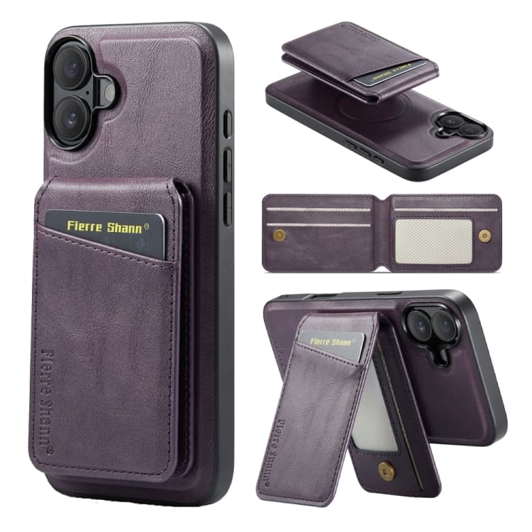 For iPhone 16 Fierre Shann Cowhide Vertical Flip Magnetic Card Holder Phone Case(Purple) - Immagine 1
