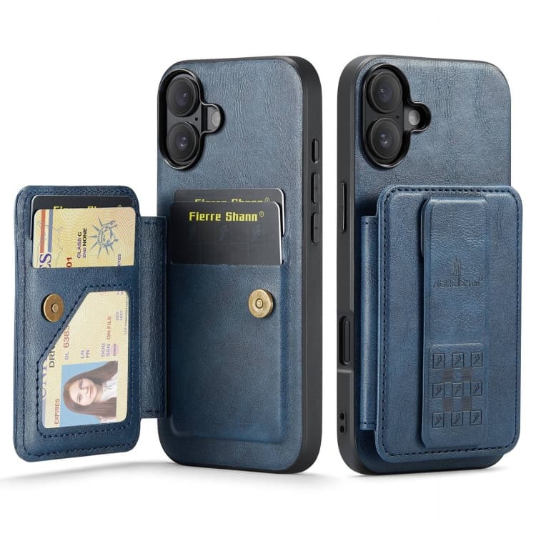 For iPhone 16 Fierre Shann Oil Wax Cow Leather Card Holder Back Phone Case(Blue) - Immagine 1