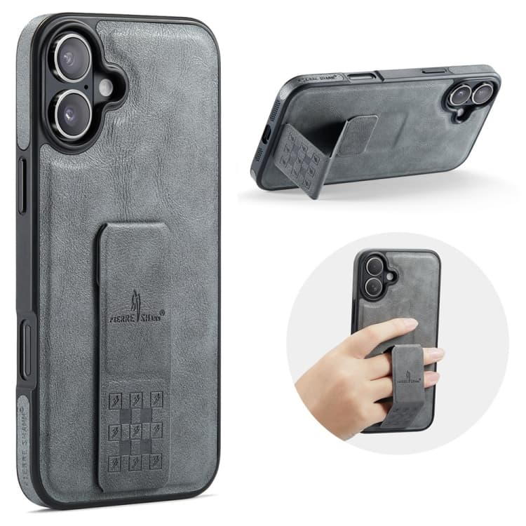 For iPhone 16 Fierre Shann Oil Wax Cow Leather Holder Back Phone Case(Grey) - Immagine 1