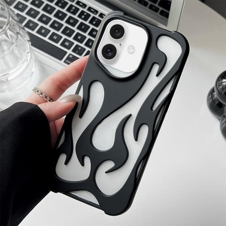 For iPhone 16 Flame Hollow Cooling Spray Coated Frosted TPU Phone Case(Black) - Immagine 1