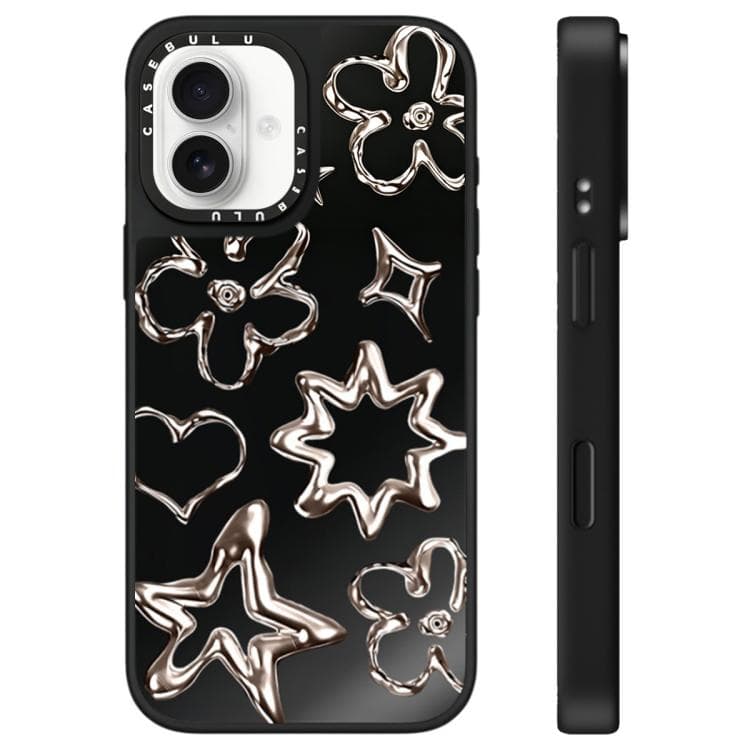 For iPhone 16 Floating Man Series Pattern Mirror Phone Case(Flowers Black) - Immagine 1