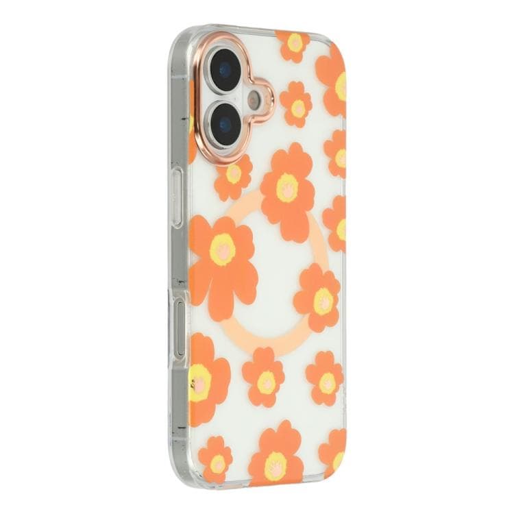 For iPhone 16 Floral Pattern TPU + PC Magnetic Phone Case(Orange) - Immagine 1