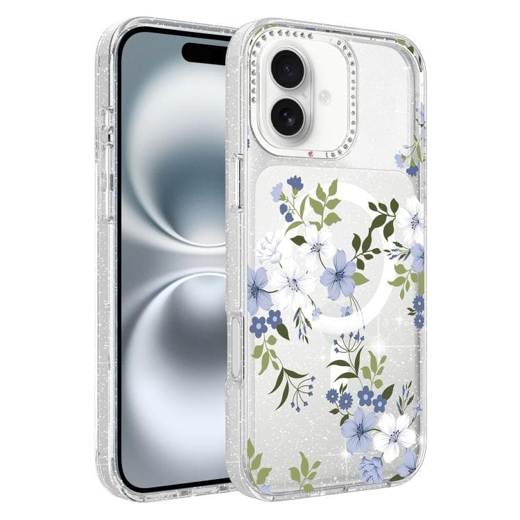 For iPhone 16 Flower Pattern IMD Glitter Magnetic Phone Case(Bluebell Flower) - Immagine 1
