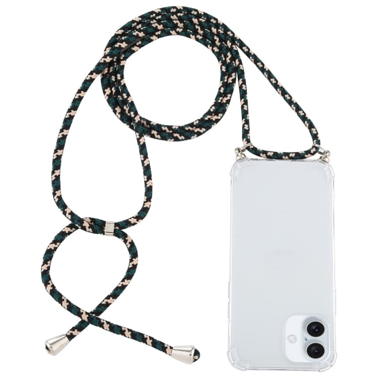 For iPhone 16 Four-Corner Shockproof Transparent TPU Case with Lanyard(Green Black) - Immagine 1