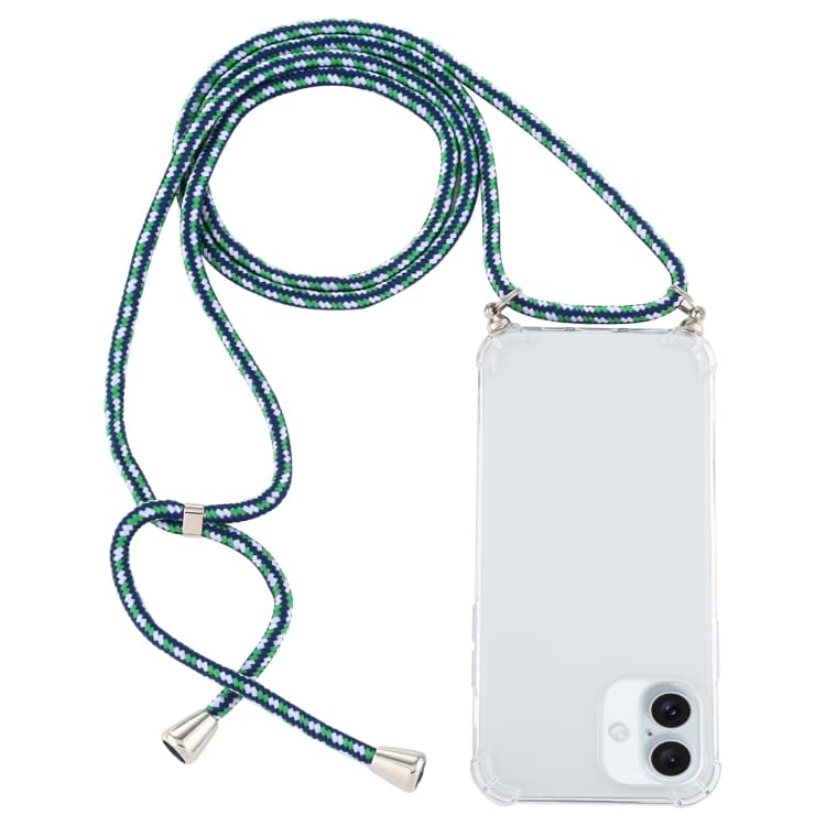 For iPhone 16 Four-Corner Shockproof Transparent TPU Case with Lanyard(Green Blue White) - Immagine 1