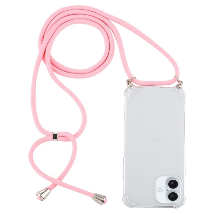 For iPhone 16 Four-Corner Shockproof Transparent TPU Case with Lanyard(Light Pink) - Immagine 1