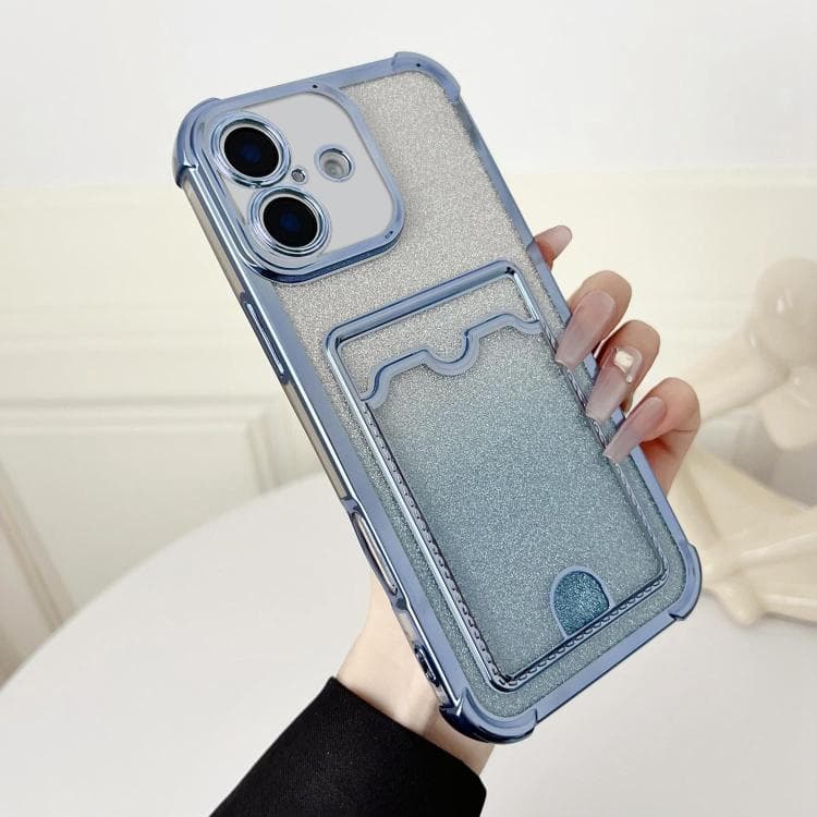 For iPhone 16 Four-cornered Glitter Electroplated Card Bag TPU Phone Case(Blue) - Immagine 1