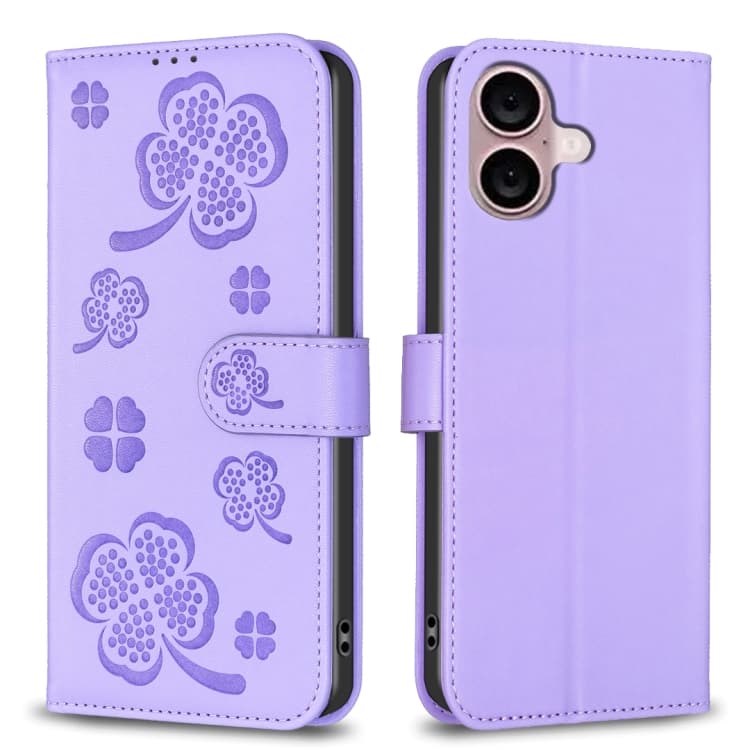 For iPhone 16 Four-leaf Embossed Leather Phone Case(Purple) - Immagine 1