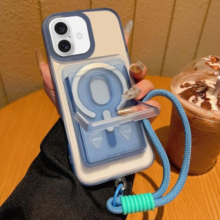 For iPhone 16 Frosted Detachable Card Slot Holder Magnetic Phone Case with Wrist Strap(Blue) - Immagine 1