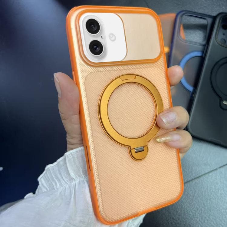 Custodia magnetica per iPhone 16 con texture puntinata opaca e supporto girevole a 360 gradi (Arancione) - Immagine 1