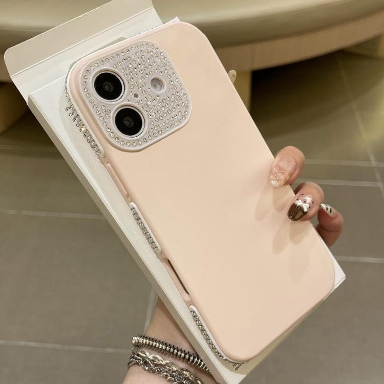 Custodia in TPU per iPhone 16 con finestra grande diamante full e bordo IMD satinato (Rosa) - Immagine 1