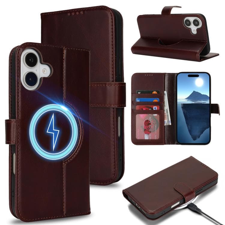 For iPhone 16 Genuine Leather Card Wallet MagSafe Phone Case(Dark Brown) - Immagine 1