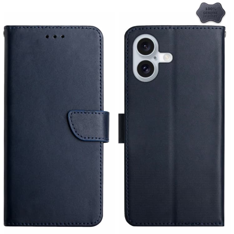 Custodia Flip in Pelle Genuina per iPhone 16, Antimpronta (Blu) - Immagine 1