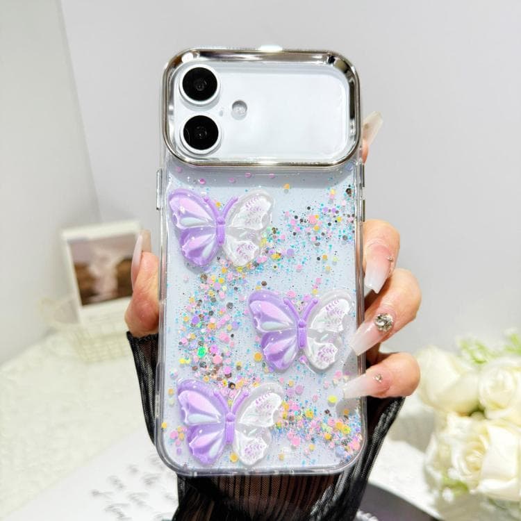 For iPhone 16 Glitter 3D Butterfly Epoxy Resin Phone Case(Purple) - Immagine 1