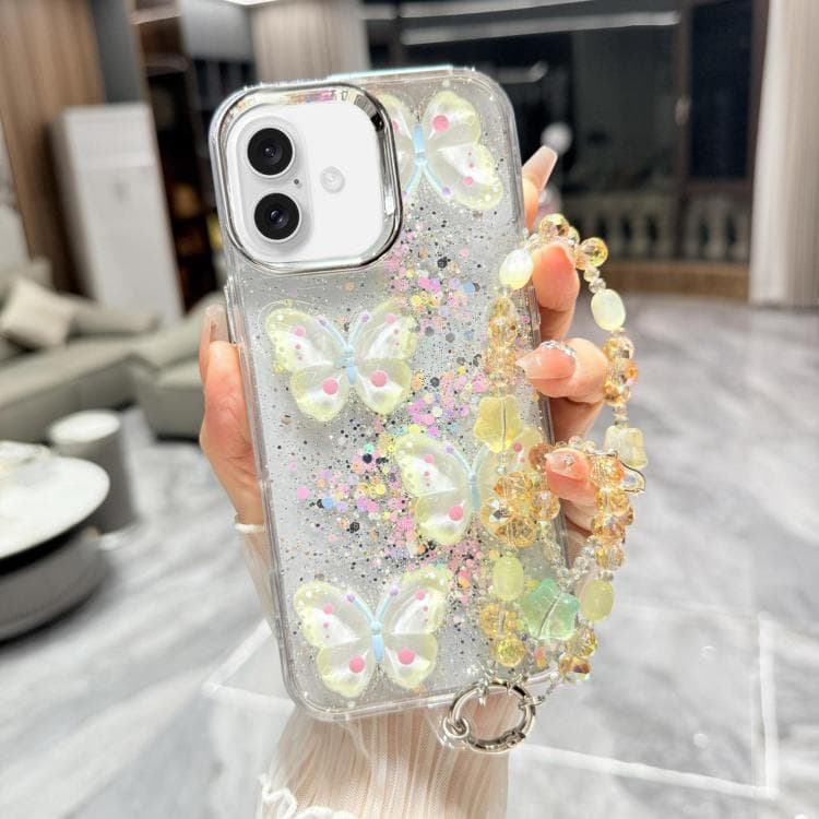 For iPhone 16 Glitter 3D Color Butterfly Epoxy TPU Phone Case with Bracelet Chain(Yellow) - Immagine 1