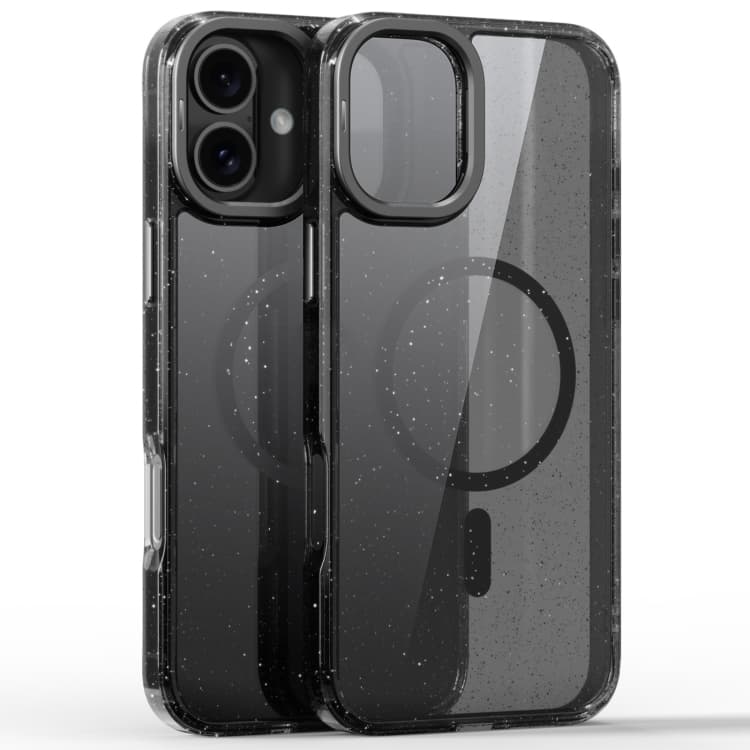 For iPhone 16 Glitter Powder Lens Holder MagSafe Magnetic Phone Case(Transparent Black) - Immagine 1